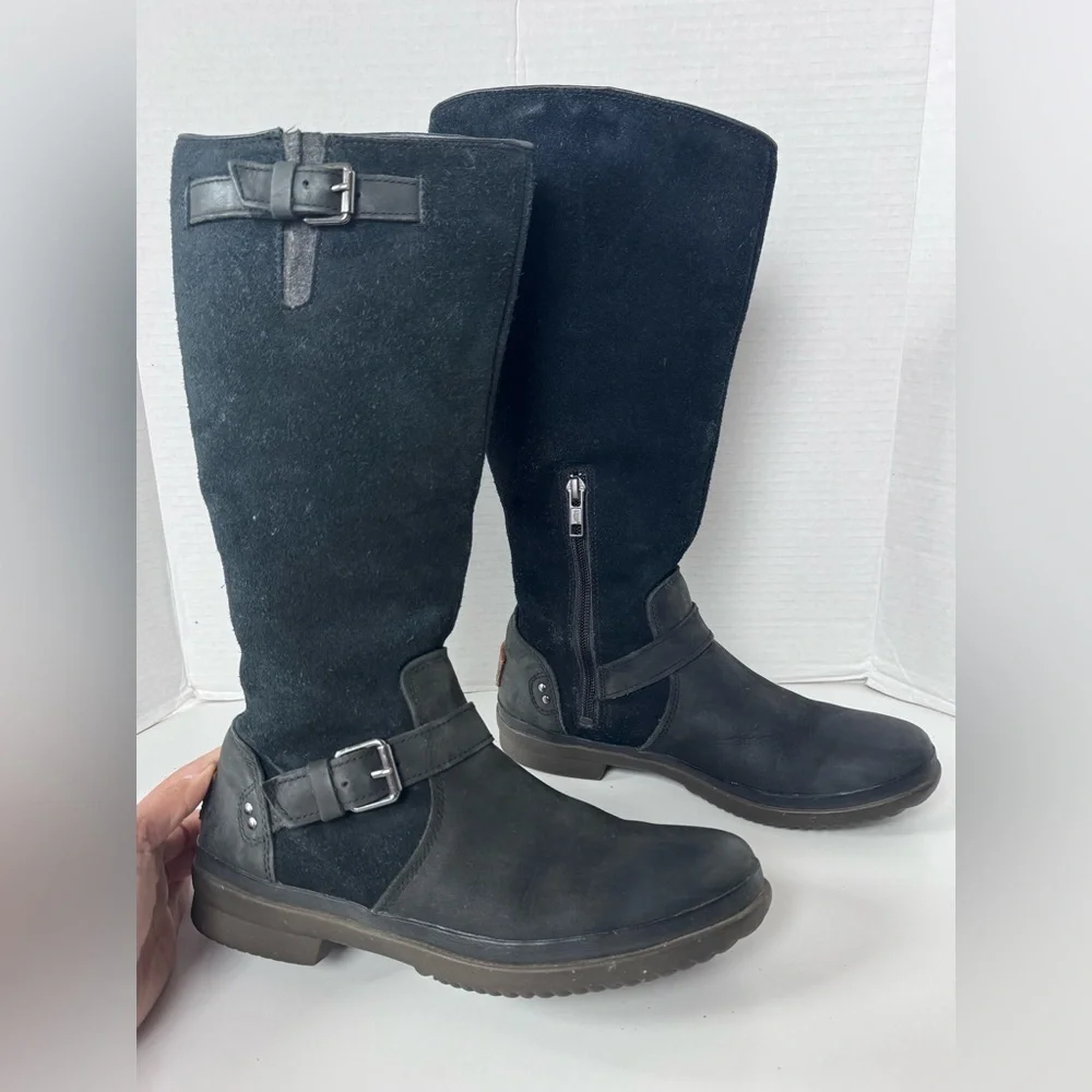 UGG Thomsen Black Suede Leather Waterproof Lined Tall Boots Women’s Size 7